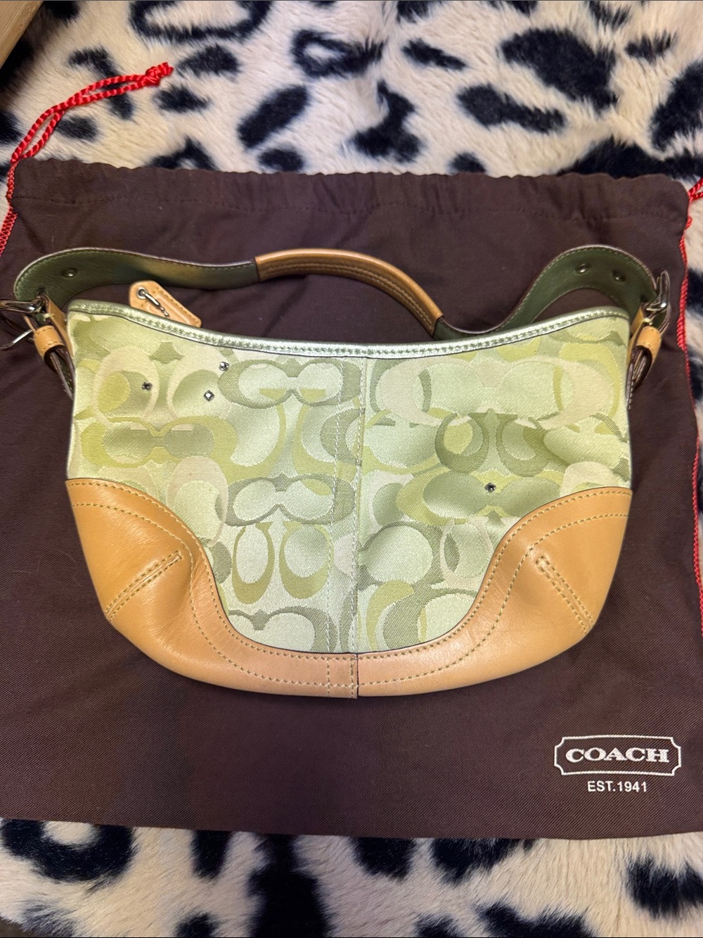 Vintage Coach Green Signature Canvas & Tan Leather Shoulder Bag with Ladybugs - Picture 5 of 9
